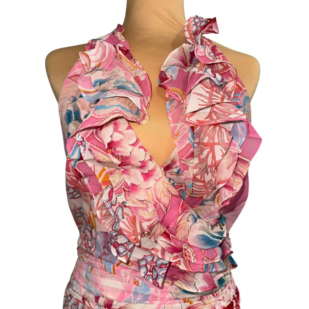 Kay Unger New York Pink Floral 100%Silk Ruffle Halter Maxi Dress Size 4 S#121249 - Picture 4 of 9